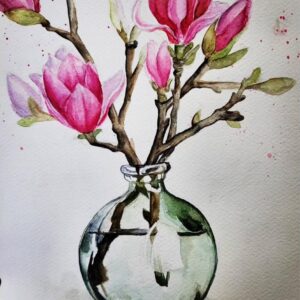 Bahar Tazeliği - Pembe Manolya Çiçekleri Suluboya Tablo