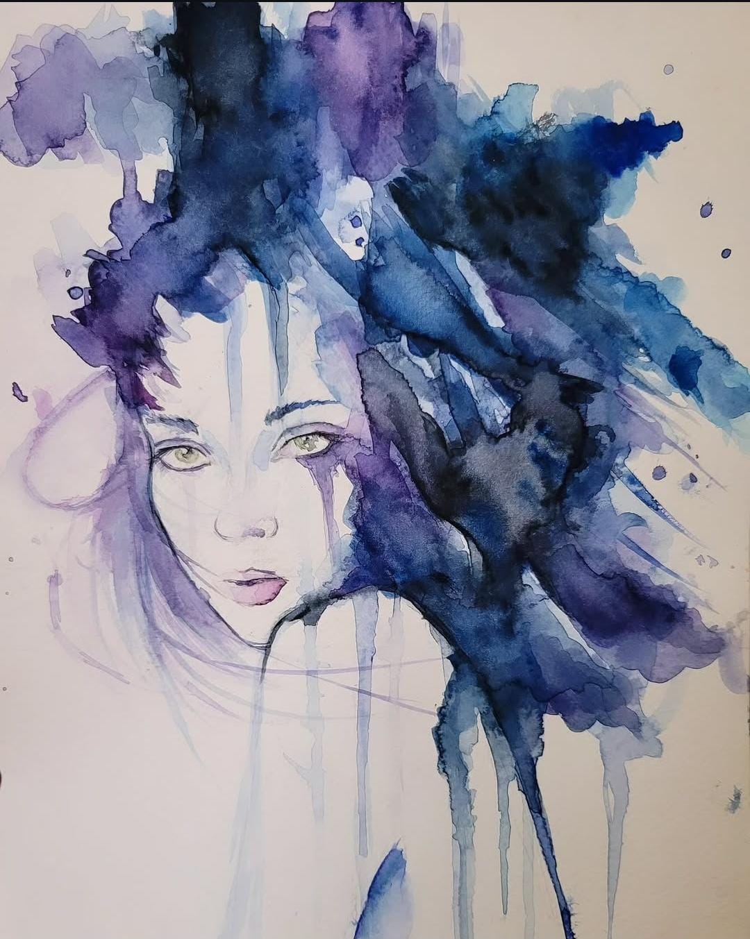 Mavi Rüya - Soyut Kadın Portresi Suluboya